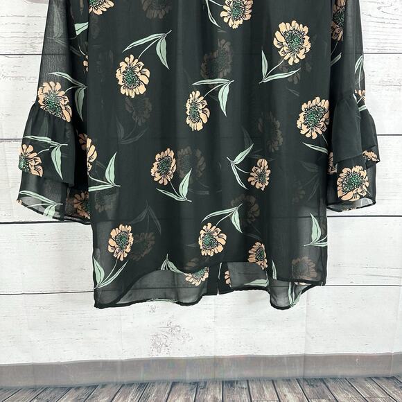 CAbi 5206 Blouse Women Medium Black Floral Ruffle Sheer Flowy La Di Da Shirt Top - Picture 6 of 11